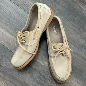 Vtg Leather Nuun Bush NXXT Loafers Boat Shoes Tan Khaki Size 10 Lace up Suede